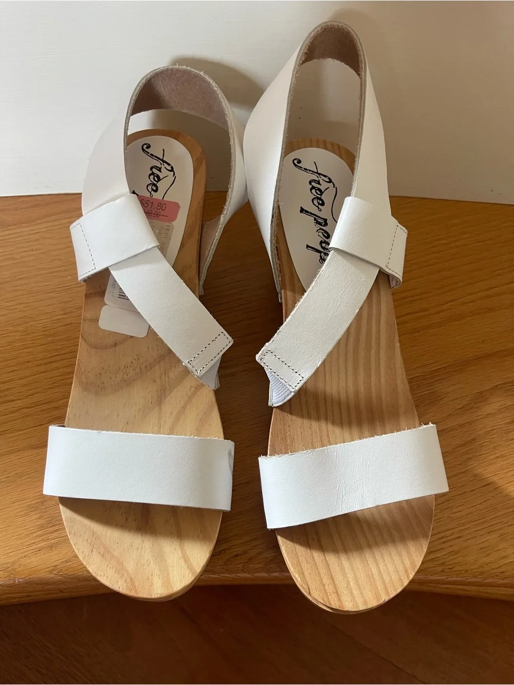 Free People Dune White Two-Strap Leather Wood Platform Sandal